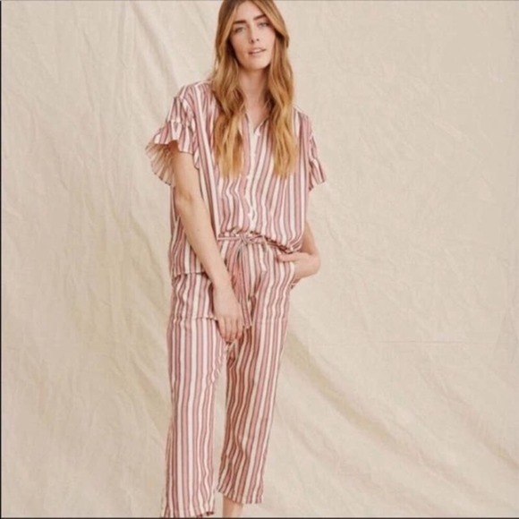 The Great Striped Flounce Sleeve Button Up Top In Coral and Cream - Picture 4 of 5